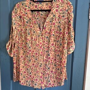 Democracy Pink and Red 3/4 Sleeve Buttoned Blouse